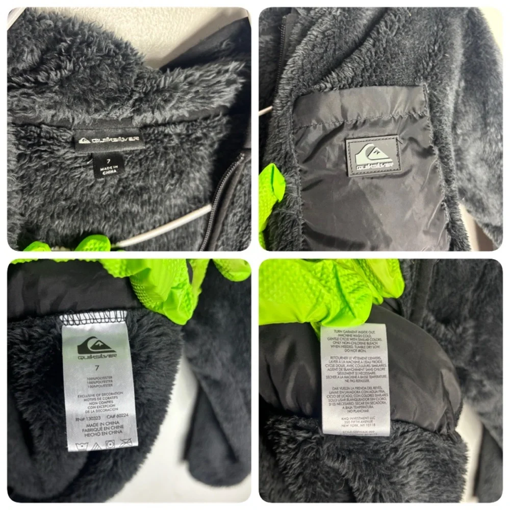 Quicksilver black teddy fuzzy hoodie jacket full front zipper size 7